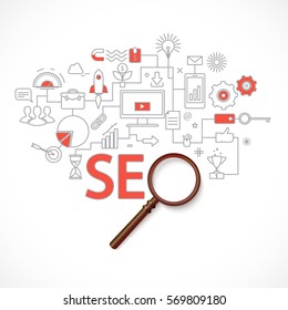 Concept of seo technology, web traffic optimization, conversions marketing.Flat thin line design vector illustration