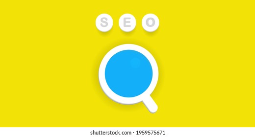 Concept of SEO text with search icon isolated on yellow background 3d style vector illustration