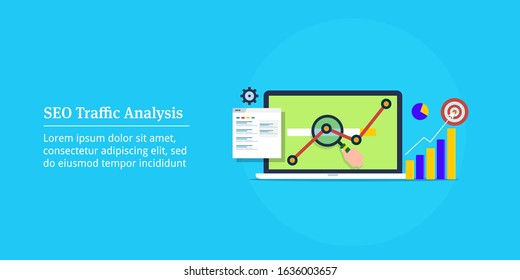 Concept of Seo traffic, Seo analysis, Online visitors, Data driven marketing - vector banner with icons and texts