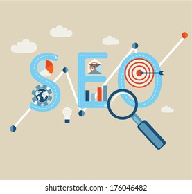 Concept of SEO word combined from elements and icons which symbolized a success internet searching optimization process. Vector.