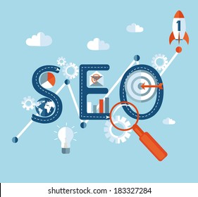 Concept of SEO word combined from elements and icons which symbolized a success internet searching optimization process. Vector. 