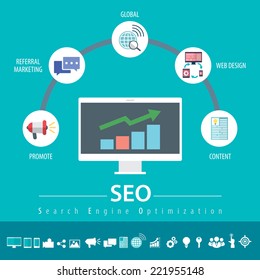 Concept of SEO word combined from elements and icons which symbolized a success internet searching optimization process. Flat modern design infographic. Vector illustration