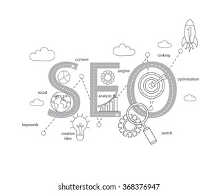 Concept of SEO word combined from modern thin line elements and icons which symbolized a success internet searching optimization process. Vector illustration.