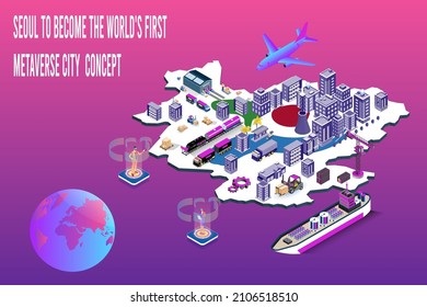 Concept of Seoul the world's first Metaverse city in augmented or virtual reality glasses, colorful background. Vector illustration eps10