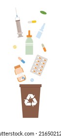 Concept of separate waste collection. Medicine material and rubbish falling in trash box. Waste bin for expired medicines. Garbage bin for drugs. Flat vector illustration on white isolated background.