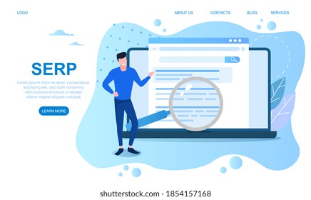 Concept of SERP. Search Engine Result Page for websites, web pages, internet, apps, applications. Digital technologies. Cartoon flat vector illustration with fictional character. Landing page template
