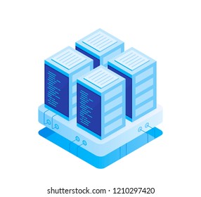 Concept of server room. Hosting with cloud data storage and server room. Server rack. Modern Vector illustration in Isometric style.
