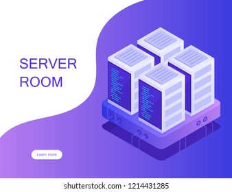 Concept of server room. Hosting with cloud data storage and server room. Server rack. Modern Vector illustration in Isometric style.