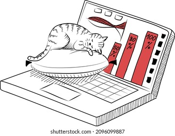 Concept IT service, business strategy. Analysis data and Investment. Business success. Financial review with laptop and infographic elements. Sleeping cat on pillow. Minimalistic style. Vector.