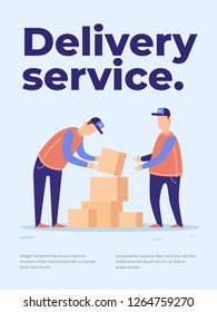 Concept service delivery goods. Image of two cartoon men-loader with boxes. Provision of services delivery cargo. Vector flat illustration.