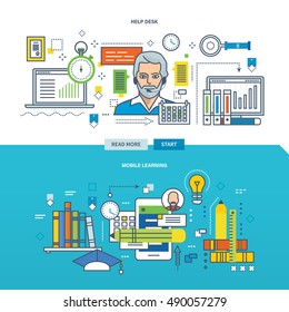 Concept of service help desk customers and technology of mobile training and learning. Color Line icons collection. Vector design for website, banner, printed materials and mobile app.