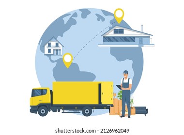 The concept of a service for moving anywhere in the world. Vector illustration.