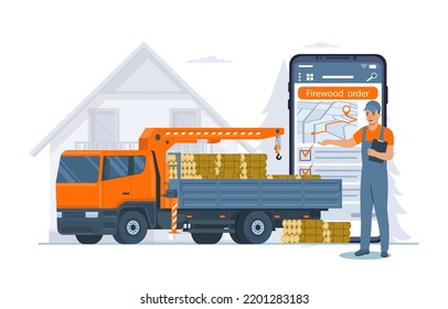 Concept for a service for the sale and delivery of firewood for home heating. Vector illustration.