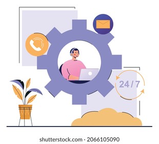 Concept of services. Technical support. Man with headphones sits at laptop and examines customer applications. Answers to questions, information center, hotline. Cartoon flat vector illustration