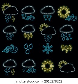 Concept set of 16 weather web icon glow neon style, various weather condition outline flat vector illustration, isolated on black. Thunderstorm, sun, rain and cloud label.