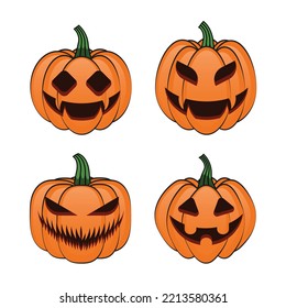 Concept Set of 4 Halloween Pumpkin Face Characters With Cheerful And Scary Smiles. Pumpkin Cartoon Vector Illustration