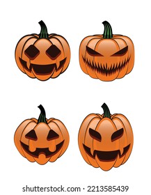 Concept Set Of 4 Halloween Pumpkin Face Characters With Cheerful And Creepy Smiles On White Background. Pumpkin Cartoon Vector Illustration