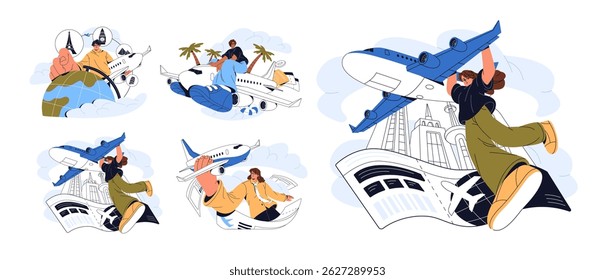 Conjunto de conceitos de voo aéreo. Passageiros voam de avião com passagens, passaporte. As pessoas viajam para o exterior de avião. Os personagens estão em viagem de avião. Ilustrações de vetor isoladas planas sobre fundo branco