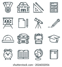 Concept set back to school icon, 16 stationery education item educational institution process, flat outline vector illustration, isolated on white. Scientific material symbol and training.