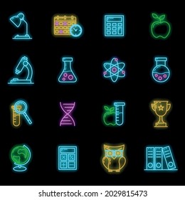 Concept set back to school neon glow icon, 16 stationery education item educational process, flat outline vector illustration, isolated on black. Scientific material symbol and training.