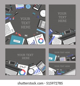 The concept set of banners marketing and management, office tools objects and devices, flat symbol top view, modern design, work space vector illustration