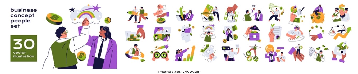 Conjunto de conceitos de negócios e finanças. Sucesso no trabalho em equipe, gestão de dinheiro. Reunião de videoconferência. Acordos, acordos de trabalho e parceria. Ilustrações de vetor isoladas planas sobre fundo branco