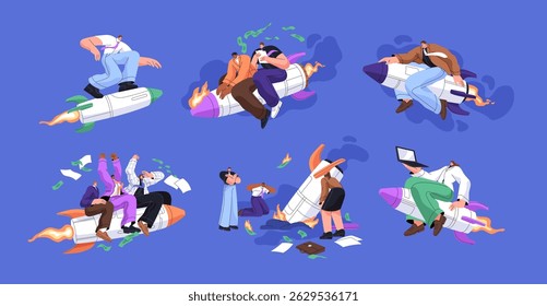 Concept set of business management. Team launches startup, rushing to success, fails and crashes a project. People are flying on rockets. Teamwork and leadership. Flat isolated vector illustrations