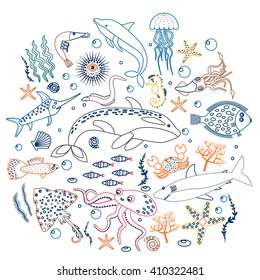 Concept Set of Cute Sea animals fish. Color outline line Vector illustration.