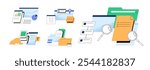 Concept set of data transfer. Storage, web archive of files, folders. Workflow of documents, papers. Analysis, download, backup of digital information. Flat isolated vector illustrations on white