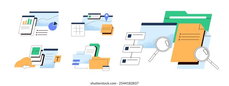 Concept set of data transfer. Storage, web archive of files, folders. Workflow of documents, papers. Analysis, download, backup of digital information. Flat isolated vector illustrations on white