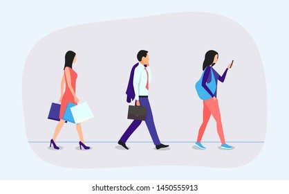 Concept set of different people walking down the street. Woman with smartphone and shopping package, businessman with a briefcase is holding a jacket. Trendy casual vector illustration.