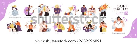 Concept set of different soft skills for work. Various business abilities of employees for career: communication, multitasking, time management, teamwork. Flat isolated vector illustrations on white