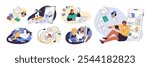 Concept set of ebooks' library and online education. People reading books with smartphone, laptop. Reader learning digital literature by phone. Flat isolated vector illustrations on white background