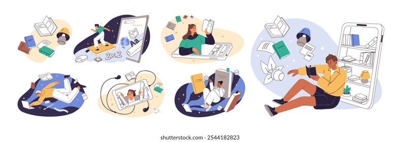 Concept set of ebooks' library and online education. People reading books with smartphone, laptop. Reader learning digital literature by phone. Flat isolated vector illustrations on white background