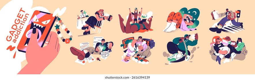 Concept set of gadget addiction. People are dependence from social networks, doomscrolling. Characters surfing the Internet in phone, smartphone. Flat isolated vector illustrations on white background