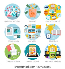 Concept of set generating money banners financial alchemy, education, graphic design, brand design, internet banking, idea work and education online in flat design