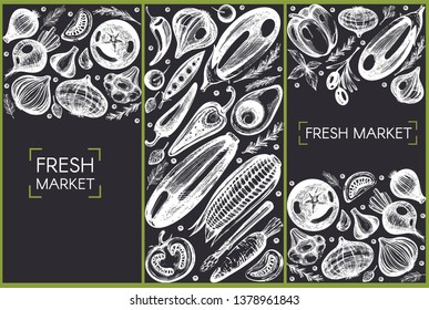 Concept set with graphic illustrations of vegetables on the blackboard