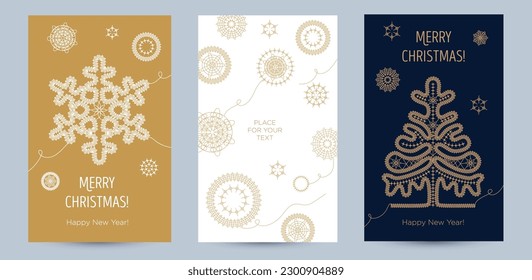 Concept set of greeting card with snowflakes and festive decor. Golden lacy snowflakes and Christmas tree on a different background. New Year's design template. Vector flat. Vertical format