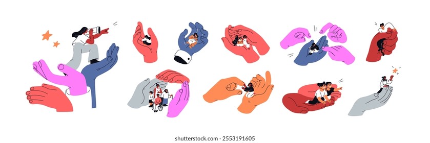 Concept set with hands holding tiny people. Support and care, violence, blame and abuse, authority, social protection and help. Psychology, flat vector illustrations isolated on white background