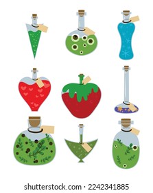 Concept of set of magic potion bottles. Vector illustration. Different bottles in shape and color. Design element isolated on white background. Image for thematic design.