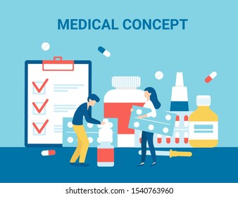 Concept set medical objects and people characters sort tablets and capsules. Flat style vector illustration. Medicine concept for banner, poster, layout, website, template.