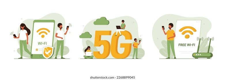 Conjunto de conceptos de red móvil, 5g, tecnología de conexión inalámbrica a Internet. Ilustración wifi. La gente usa un dispositivo para conectar la red de Internet Ilustración vectorial plana colorida moderna para afiches, pancartas