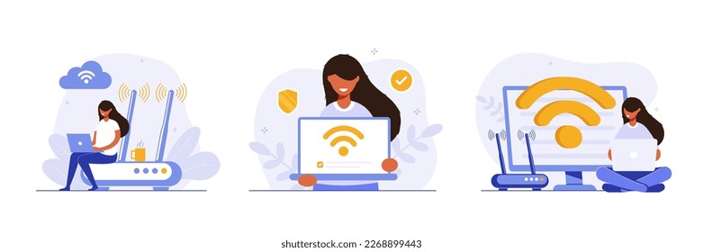 Concept set of mobile network, wireless Internet connection technology. Wifi illustration. People use device to connect Internet network Modern colorful flat vector illustration for poster, banner.