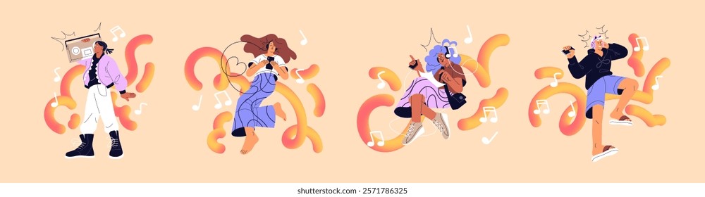 Concept set of music listening. Happy people with headphones enjoy songs by audio player, smartphone, mixtape. Characters dance by melodies at party, discotheque. Flat isolated vector illustrations