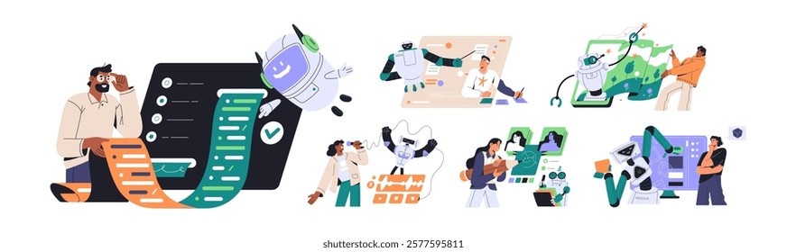 Concept set of neural networks, machine learning. Artificial intelligence, AI assistant helps to create code, music, drawing. Modern technology at work. Flat isolated vector illustrations on white