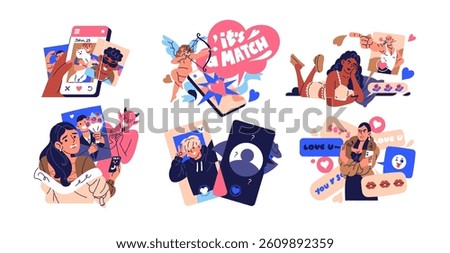 Concept set of online dating app, fear of meeting, security. People acquaintance in the Internet. Men and women look for love, couple in the Web by phone. Flat isolated vector illustration on white.