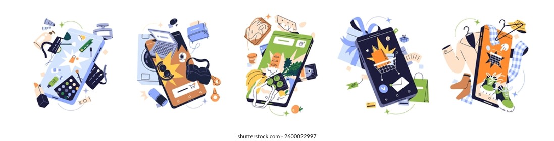 Concept set of online shopping. Buyers make purchases on sale by mobile phone app. Customers buy goods, products, order delivery by smartphone. Flat isolated vector illustrations on white background