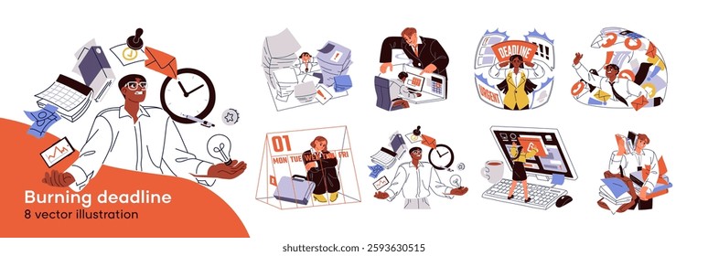 Concept set of overworking. Overloaded employees stress, hurry up to meet deadline. Office workers are exhausted with work. Bad time management. Flat isolated vector illustrations on white background