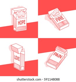 concept, set of pack of cigarettes with different inscriptions: pain, hope, love, fire. various variants. vector illustrations collection.