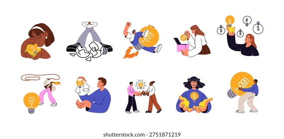 Concept set of people with ideas, insights. Characters with light bulbs thoughts. Searching for, finding a solution. Brainstorm and inspiration. Flat isolated vector illustration on white background